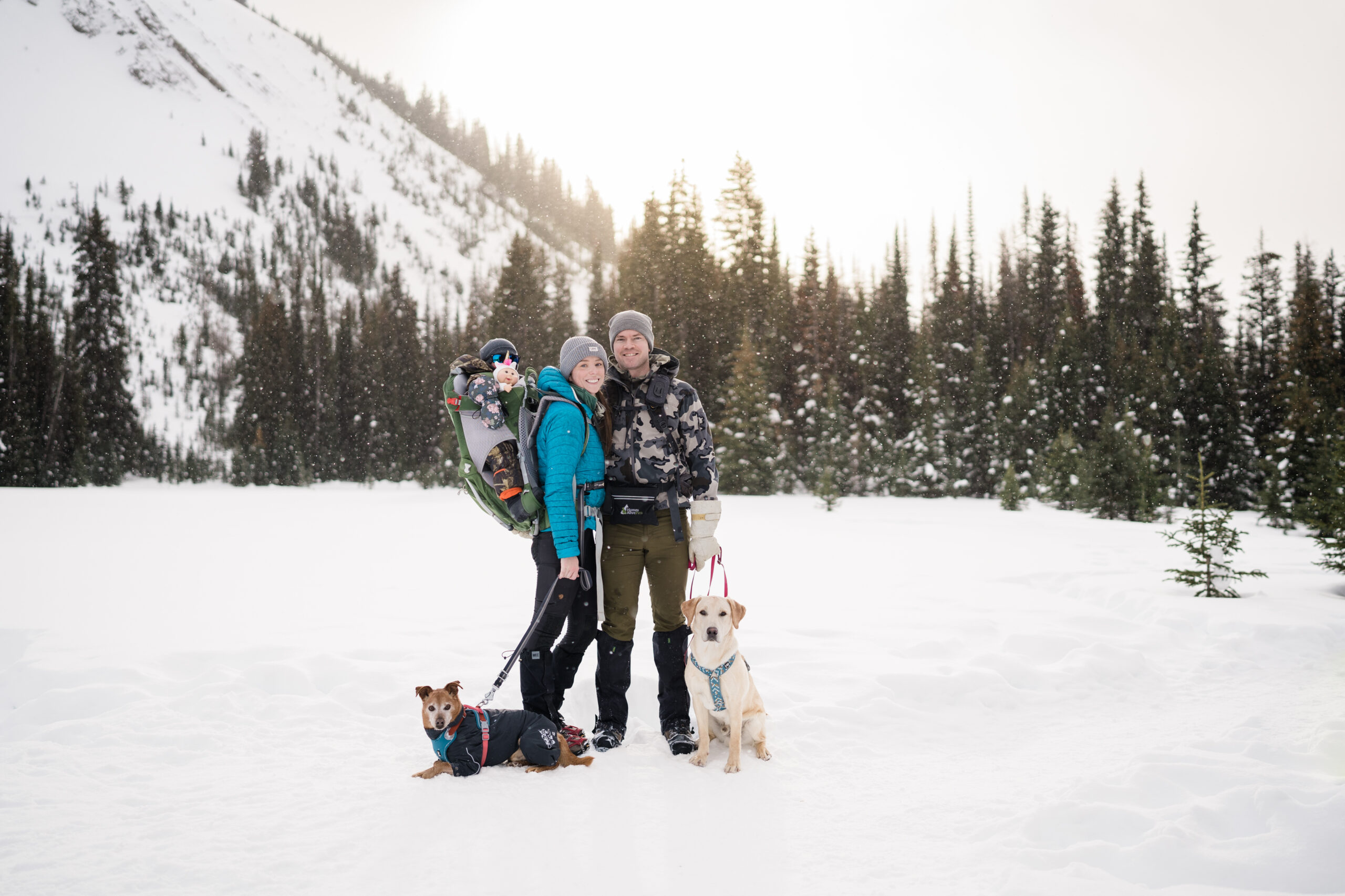 Family of two parents, baby in a backpack carrier, and two dogs smiles at the camera on a hike in the snowy mountains with snow coming down and the sun setting behind them